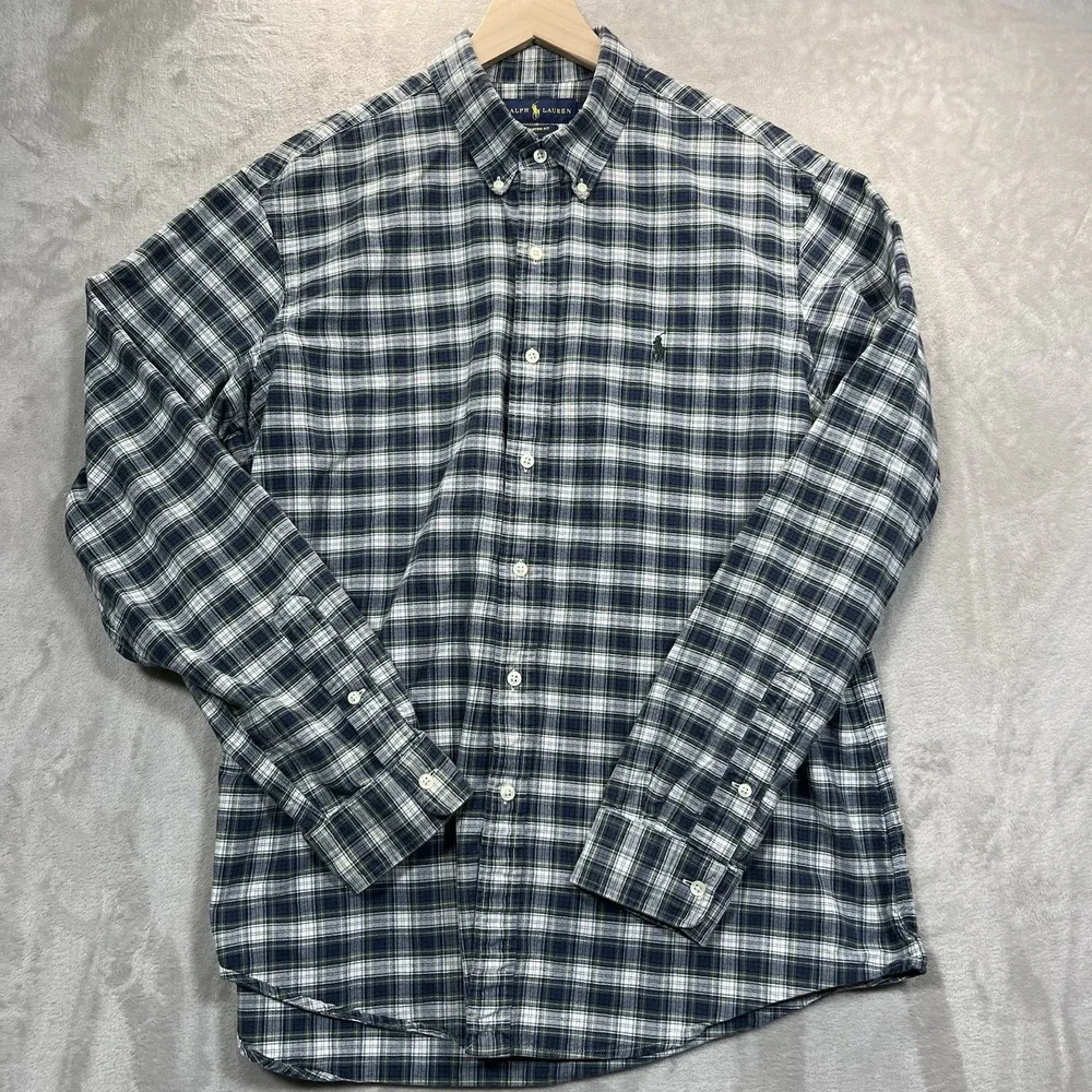 Ralph Lauren Shirt Mens XL Custom Fit Blue Green Plaid Button Down